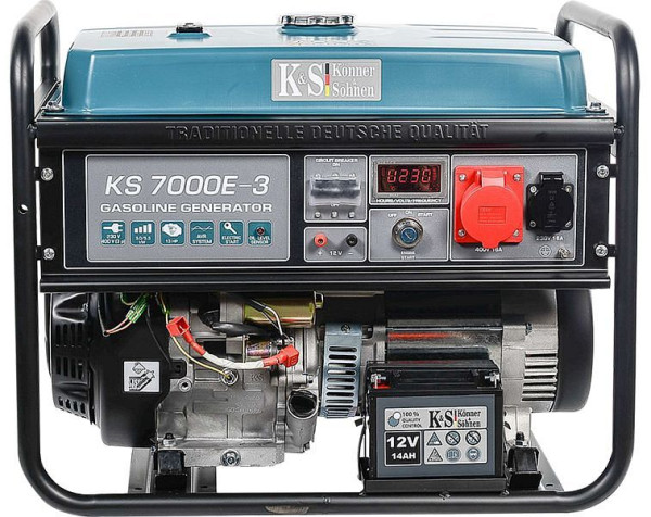 Könner & Söhnen 5500W Benzin E-start Stromerzeuger, 1x16A(230V)/1x16A(400V), 12V, Voltregler, Ölmangelsicherung, Überspannungsschutz, Anzeige, KS 7000E-3