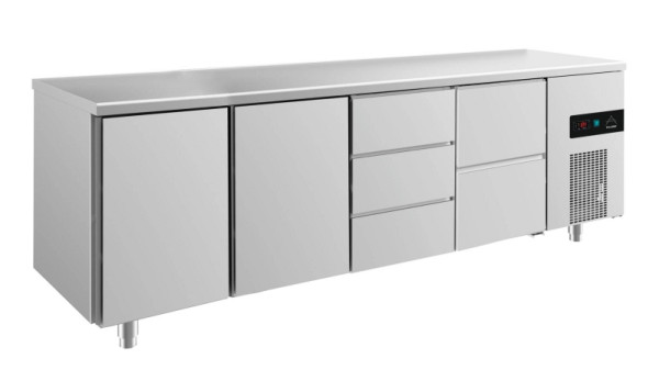 A&S Polarny Kühltisch -2 bis +8°C mit 2x Türen, 1x zwei Schubladen rechts und 1x drei Schubladen mittig-rechts, 2330 x 700 x 850 mm, KT4TTDZ