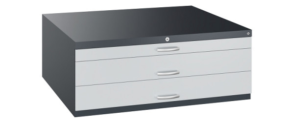 C+P Flachablageschrank Serie 7100_7200, H420xB1100xT765mm, 7016/7035, 2 Schubladenblenden doppelwandig, 7100-100 S10242