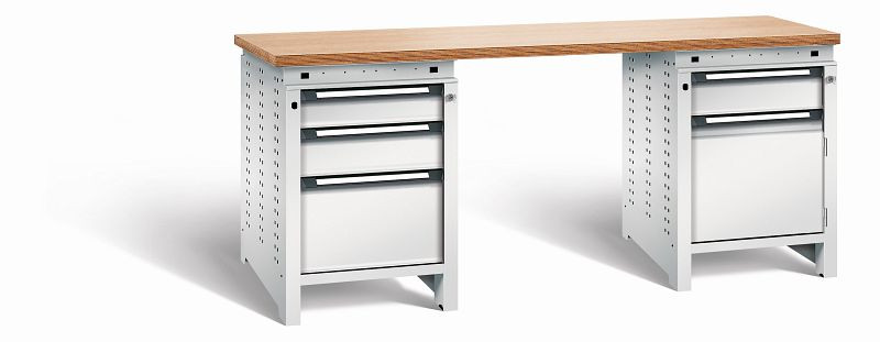 Otto Kind Werkbank Serie function Typ 303, Multiplexplatte 40 mm, bündig, 2x Unterbau + mittleres Feld, komplett RAL 7035, 072358117