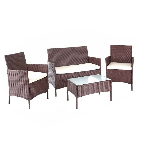 Mendler Poly-Rattan Garten-Garnitur HWC-D82, Sitzgruppe Lounge-Set, braun-meliert mit Kissen creme, 64503