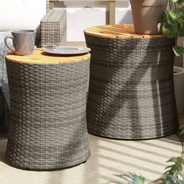 vidaXL Garten-Beistelltische 2 Stück mit Holzplatte Grau Poly Rattan, 366289
