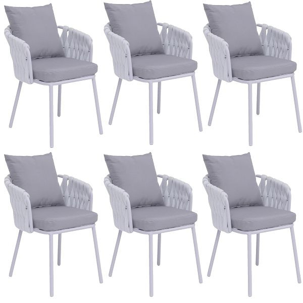 Mendler 6er-Set Aluminium-Esszimmerstuhl HWC-P89, Indoor Stuhl Armlehne, Stoff/Textil (180 g/m²) Seilgeflecht Rope, hellgrau, 3x120193