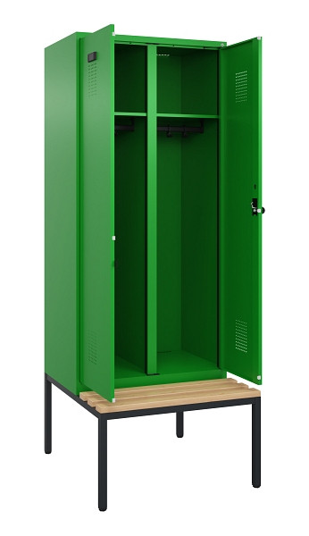 C+P Schwarz-Weiß-Spind Evolo PLUS, Bank, 2 Abteile, 2120x800x815mm, 6037/6037, Drehriegel, Sitzfläche Buche-Hartholz, Sitzbank, 0490527-22 S10026