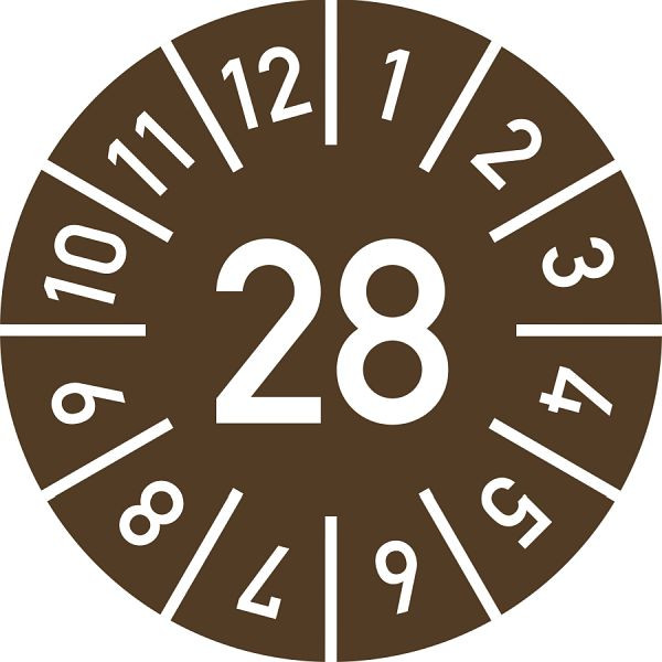 Moedel Prüfplakette Jahr 28 mit Monaten, braun, Folie, Ø 10 mm, VE: 10 Stück/Bogen, 106971