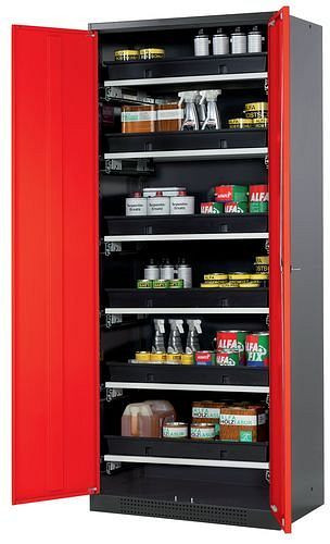 asecos Chemikalienschrank Systema-T CS-86, Korpus anthrazit, Flügeltüren rot, 6 Tablarauszüge, 209079