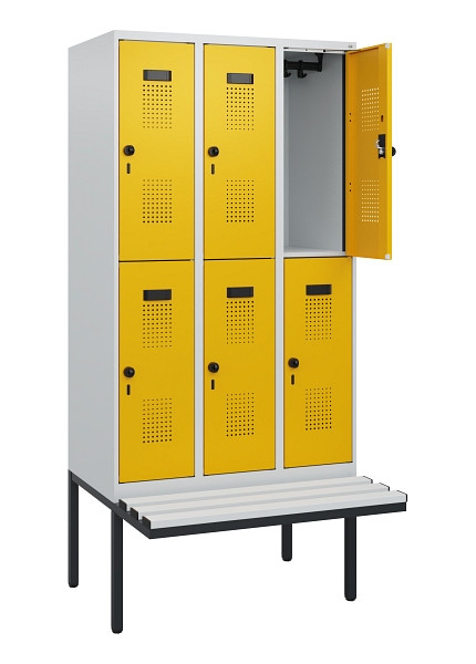 C+P Doppelstock-Spind Evolo PLUS, Bank, 6 Fächer, 1950x900x815mm, 7035/1004, Drehriegel, Sitzfläche Kunststoff, 0493405-30 S10082