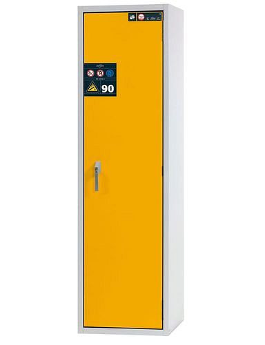 asecos Gasflaschenschrank feuerbeständig G90, 1 x 50 l Flasche, B 600 mm, Tür rechts, grau/gelb, 165311
