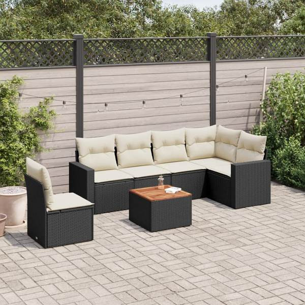 vidaXL 7-tlg. Garten-Sofagarnitur mit Kissen Schwarz Poly Rattan, UV-beständig, 3224145