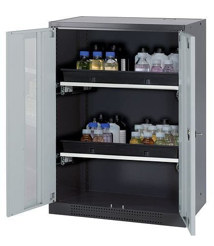 asecos Chemikalienschrank Systema-T CS-82G, Korpus anthrazit, Flügeltüren grau, 2 Tablarauszüge, 208689