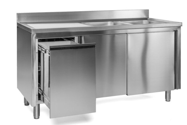 A&S Gastro Spülschrank mit Abfallbehälter, 2 Becken rechts, Bautiefe 600 mm, 140x600x850 mm, SPSCH1462BR-A