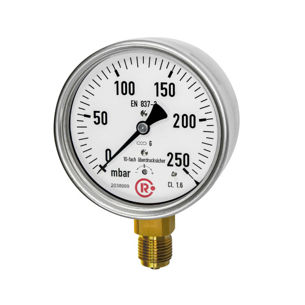 Riegler Kapselfedermanometer, CrNi-Stahl, G 1/2 unten, 0 - 60 mbar, Ø 100, 199276