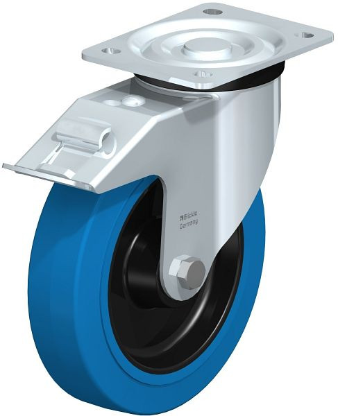 Blickle L-POEV 200R-FI-SB Stahlblech-Lenkrolle, mittelschwere Ausführung, mit Anschraubplatte & Feststeller, Elastik-Vollgummi, Blau, 622209