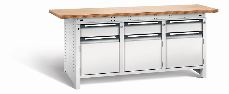 Otto Kind Werkbank Serie function Typ 309, Multiplexplatte 40 mm, überstehend, 2x Unterbau + mittleres Feld, komplett RAL 7035, 072364217