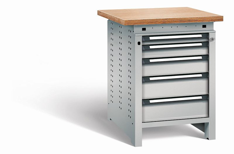 Otto Kind Werkbank Serie function Typ 109, Multiplexplatte, überstehend, 5 Schubladen, mit Zentralverschluss, komplett RAL 9006, 072326296