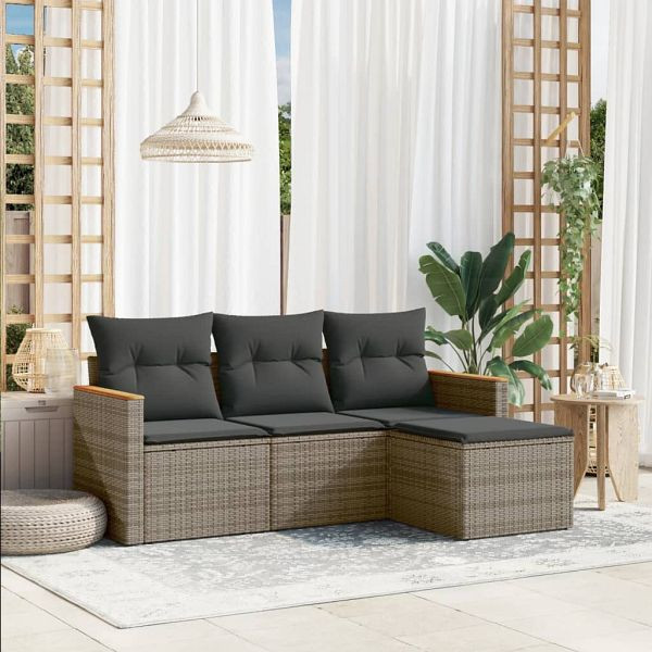 vidaXL 4-teilig Garten-Sofagarnitur mit Kissen Grau Poly Rattan, 3225906