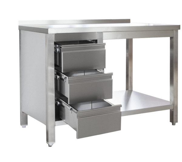 A&S Gastro Edelstahl Arbeitstisch mit Aufkantung, Schubladenblock links Bautiefe 600mm, mit Grundboden, AISI 304, 2900 x 600 x 850 mm, ARTGASL296
