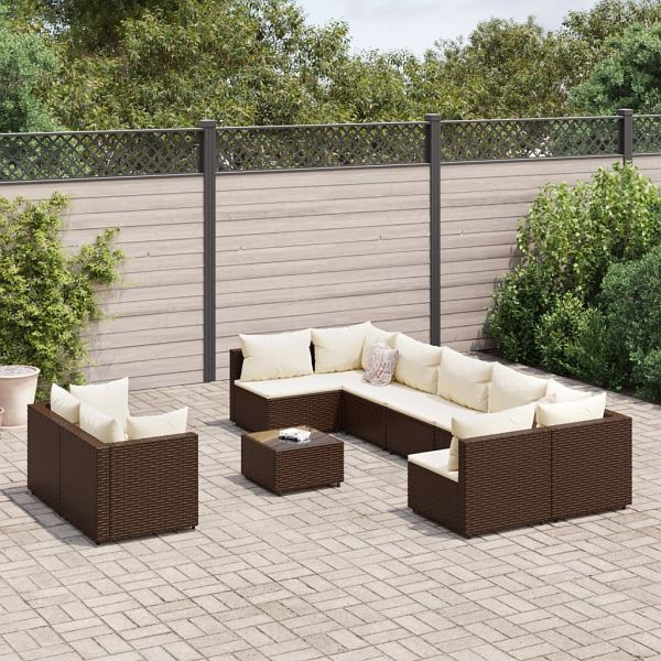vidaXL 10-teilig Garten-Sofagarnitur mit Kissen Braun Poly Rattan, 3308305