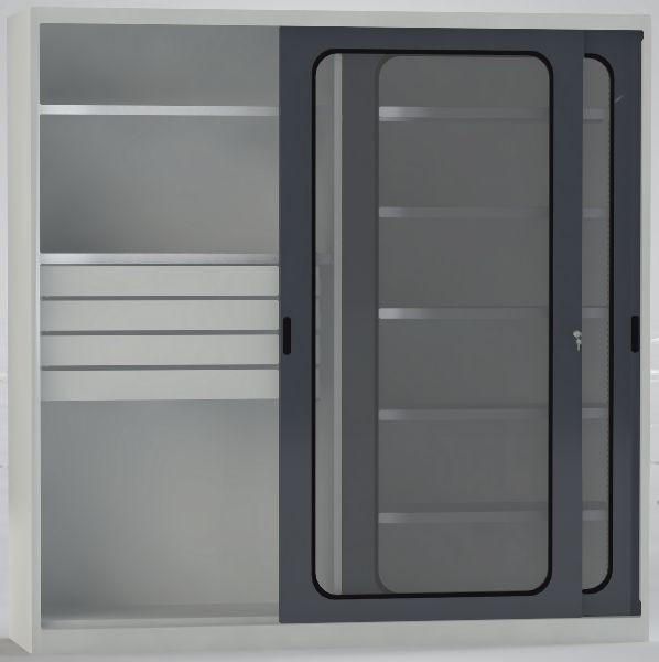 KLW Schiebetürenschrank mit Mittelwand 2000x2000x525mm HxBxT, Acrylglas-Sichtfenster, links: 4 Schubladen, rechts: 5 Fachböden, 7SN-UL2000FB-20S4MRB