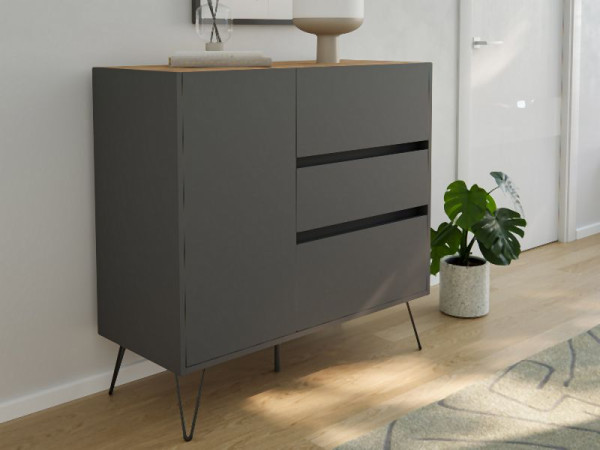 Posseik Sideboard Industrial L 100cm 3 Schubladen 1 Tür Grafit/Eiche Top, PN2089X0000058DE