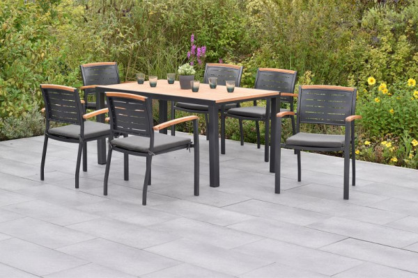 Merxx Tinos Set 13-teilig, 6 Tinos Stapelsessel, 6 Kissen, grau, mit Befestigungsbändchen, 1 Tisch 150 x 90 cm, Tischplatte aus Akazienholz, 50812-800