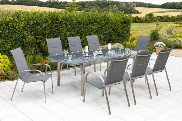 Merxx Lucca Set 9-teilig, 8 Lucca Stapelsessel, 1 Ausziehtisch 180 (240) x 100 cm, silber/grau, Edelstahlgestell mit Textilbespannung, 50371-309