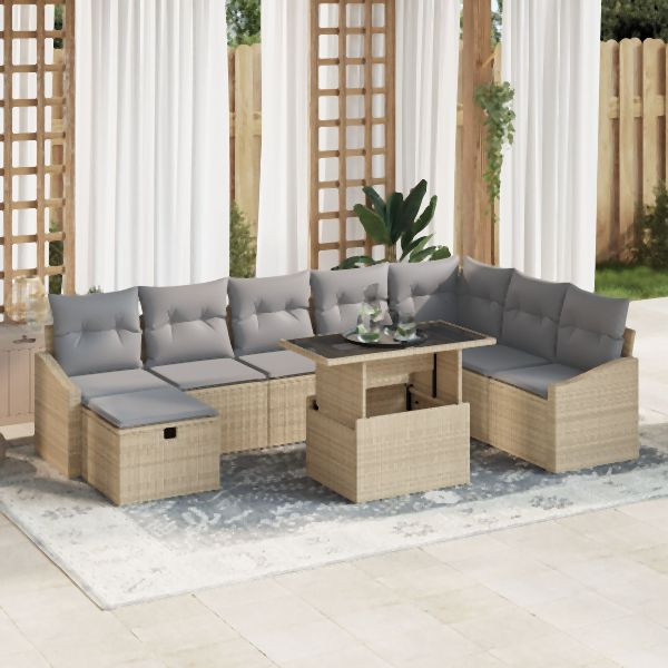vidaXL 9-teiliges Garten-Sofa-Set mit Kissen Beige Poly Rattan, 3359857