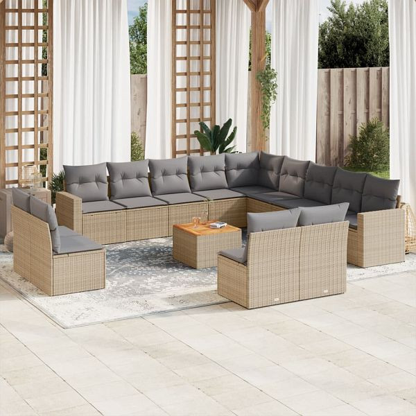 vidaXL 14-teilig Garten-Sofagarnitur mit Kissen Beige Poly Rattan, 3224379
