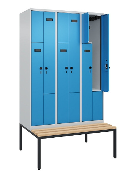 C+P Z-Spind Evolo PLUS, Bank, 6 Fächer, 2120x1200x815mm, 7035/5012, Drehriegel, Sitzfläche Buche-Hartholz, Sitzbank, 0490537-326 S10018