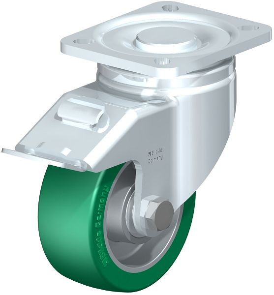 Blickle LH-ALST 100K-1-FI Stahlblech-Lenkrolle, Schwerlast-Ausführung, mit Anschraubplatte & Feststeller, Blickle Softhane®, Grün, 606012