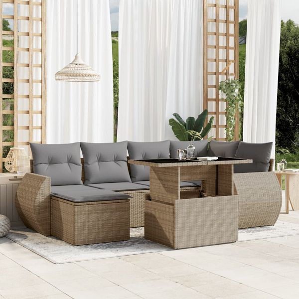 vidaXL 7-tlg. Garten-Sofagarnitur mit Kissen Beige Poly Rattan, 3268679