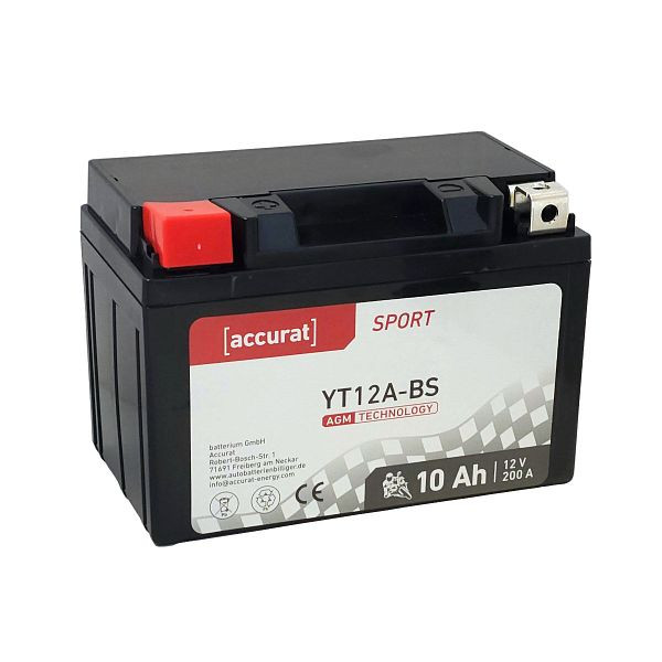Accurat Sport AGM YT12A-BS Motorradbatterie 10Ah 12V 200A YTX12A-BS, MBA-YT12A