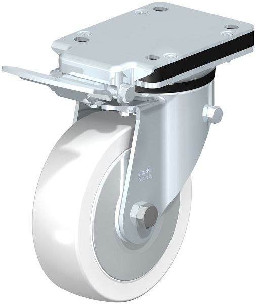 Blickle LK-SPO 160K-IS-FA Stahlblech-Lenkrolle, schwere Ausführung, mit Anschraubplatte & Feststeller, Polyamid, Weiß, 852860