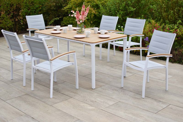 Merxx Pisa Set 7-teilig, weiß, 6 Stapelsessel, 1 Tisch 160 x 90 cm, Armlehnen und Tischplatte in realistischer Holzoptik, 51099-208