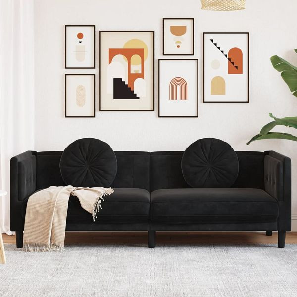 vidaXL Sofa mit Kissen 3-Sitzer Schwarz Samt, 372647, 8721012400337