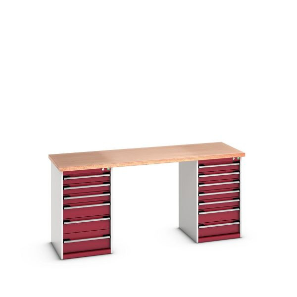 bott cubio Werkbank mit 2 Schubladenschränken 13 Schubladen, Multiplex-Platte, BxTxH: 2000x750x940mm, Multiplex RAL 7035/3004, 41003517.24V
