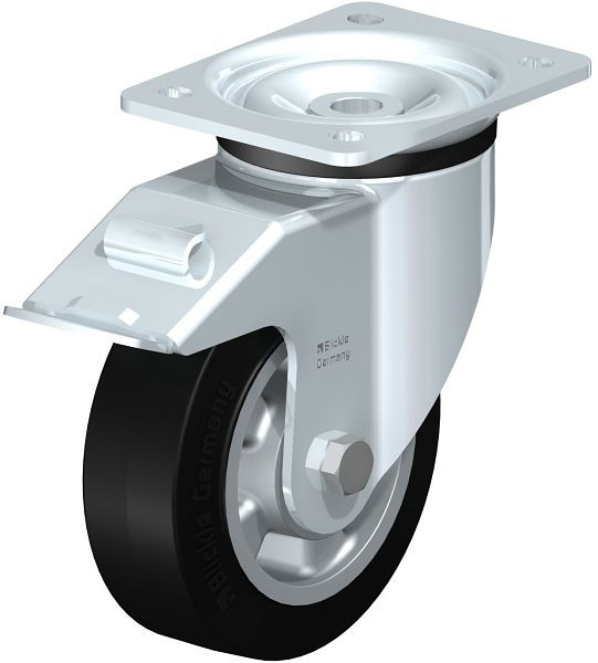 Blickle LK-ALEV 150K-FI Stahlblech-Lenkrolle, schwere Ausführung, mit Anschraubplatte & Feststeller, Elastik-Vollgummi, Schwarz, 615823