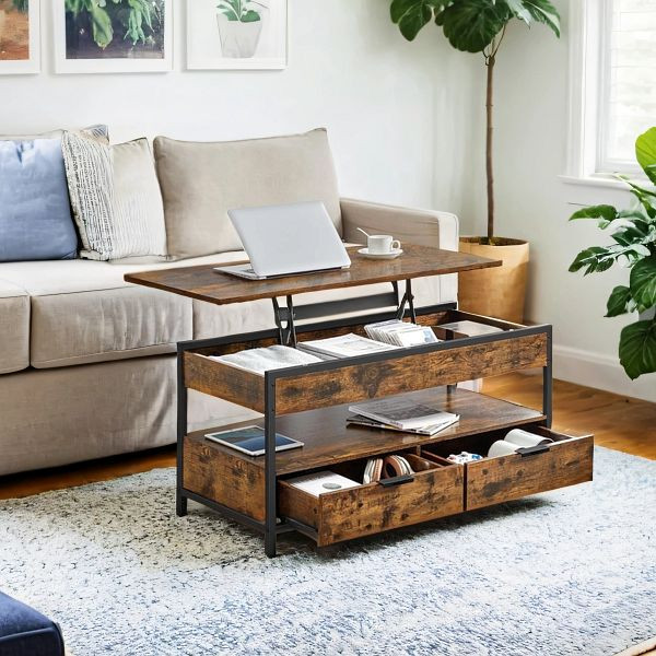 VASAGLE Couchtisch mit Lift-Top, mit Aufbewahrungsschubladen, versteckten Fächern und offenem Regal, rustikal braun und tintenschwarz, LCT209K01
