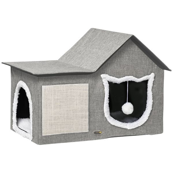 PawHut Katzenhaus mit Kratzfläche, inkl. Spielball, Katzenhöhle, 65 cm x 41 cm x 45.5H cm, Braun + Weiß + Beige, D30-681V00GY