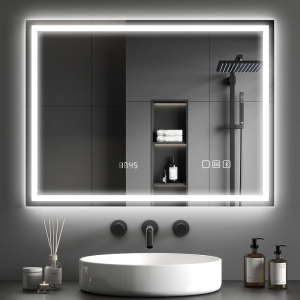 HOMCOM Badezimmerspiegel mit LED-Beleuchtung, Anti-Beschlags-Pad, 3 verstellbare Farben, Uhr, 600 x 800 mm, Silberfarben, 834-850V05SR