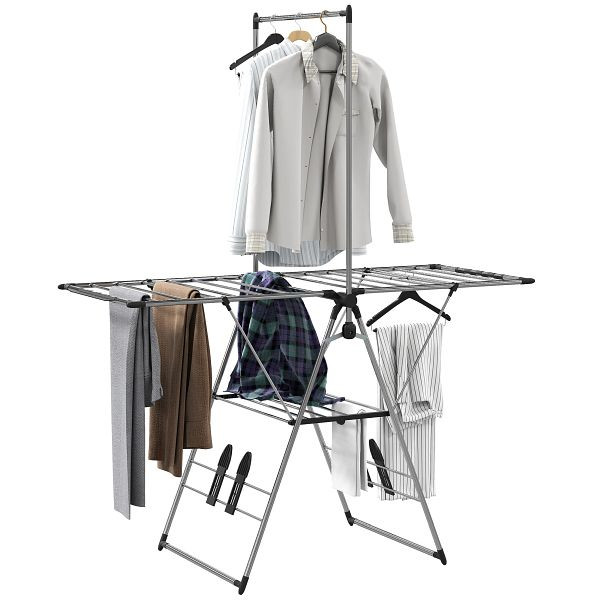 HOMCOM Wäscheständer faltbar Standtrockner mit verstellbare Flügel, Schuhhaltern, Edelstahl, 156,5 x 68 x 192 cm, Silber, 850-355V00SR
