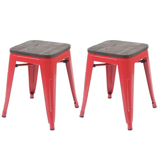 Mendler 2er-Set Hocker HWC-A73 inkl. Holz-Sitzfläche, Metallhocker Sitzhocker, Metall Industriedesign stapelbar, rot, 70400