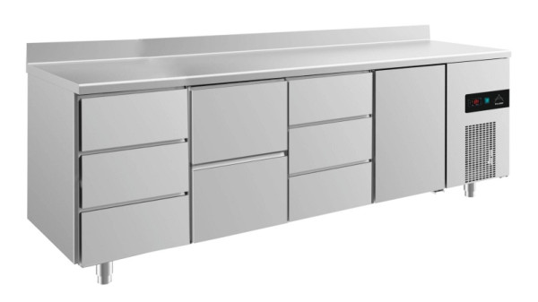 A&S Polarny Kühltisch -2 bis +8°C mit Tür rechts, zwei Schubladen mittig-links und 2x drei Schubladen, 2330 x 700 x 850 mm, mit Aufkantung, KT4DZDTA