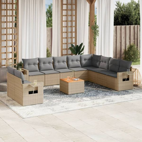 vidaXL 11-teilig Garten-Sofagarnitur mit Kissen Beige Poly Rattan, 3256969
