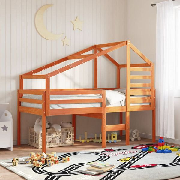 vidaXL Hochbett mit Dach Wachsbraun 90x200 cm Massivholz Kiefer, 3281979