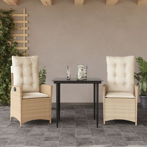 vidaXL 3-tlg. Garten-Essgruppe mit Kissen Beige Poly Rattan, 3213234
