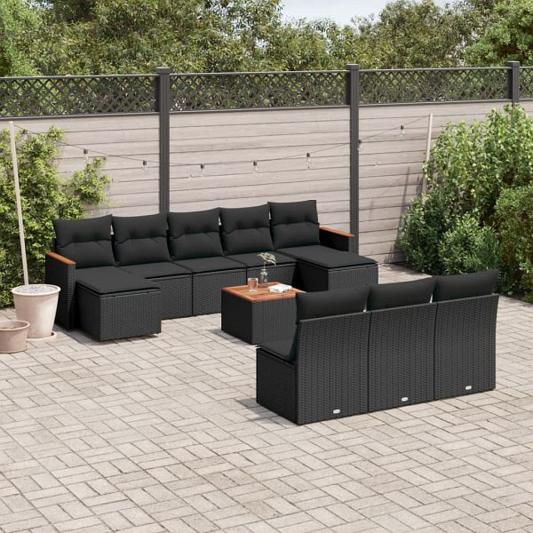 vidaXL 11-tlg. Garten-Sofagarnitur mit Kissen Schwarz Poly Rattan, 3226391
