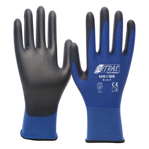 NITRAS SKIN, Nylonhandschuhe, blau, PU-Beschichtung, schwarz, Größe: 9, VE: 120 Paar, 6240-9