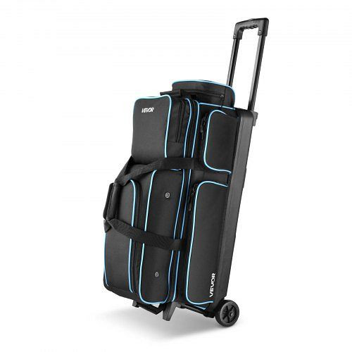 VEVOR Bowlingballtasche für 3 Bälle mit Rollen, Schuhfach (bis US-Größe 16), Zubehörtasche, ausziehbarer Griff, Schwarz & Blau, GLLGBLQBHL3QDBUQO001V0