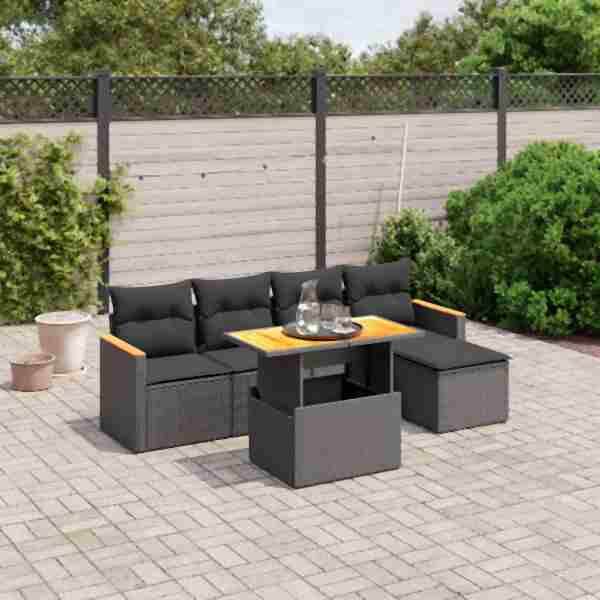 vidaXL 6-tlg. Garten-Sofagarnitur mit Kissen Schwarz Poly Rattan, UV-beständig, 3273050